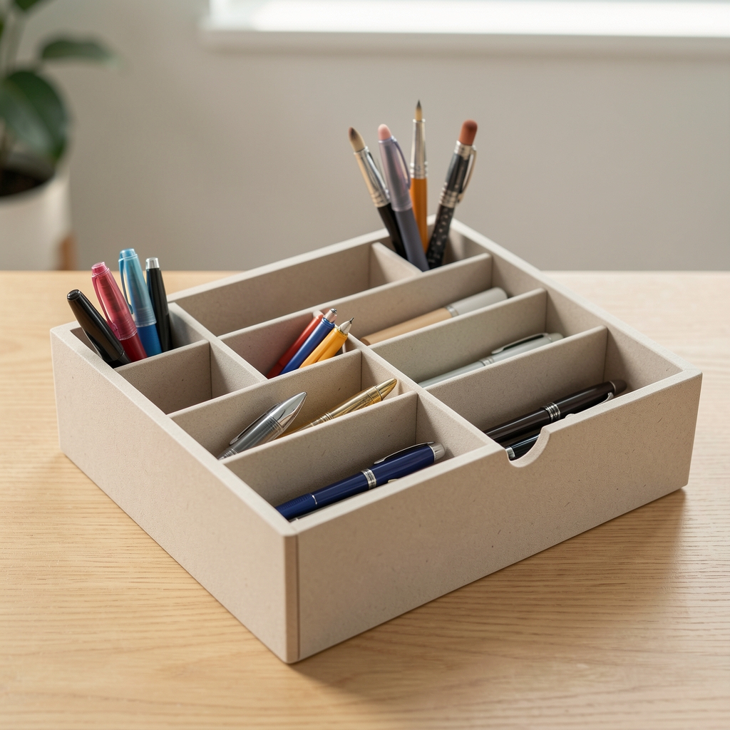 Organizator de birou din material neutru cu compartimente pentru instrumente de scris