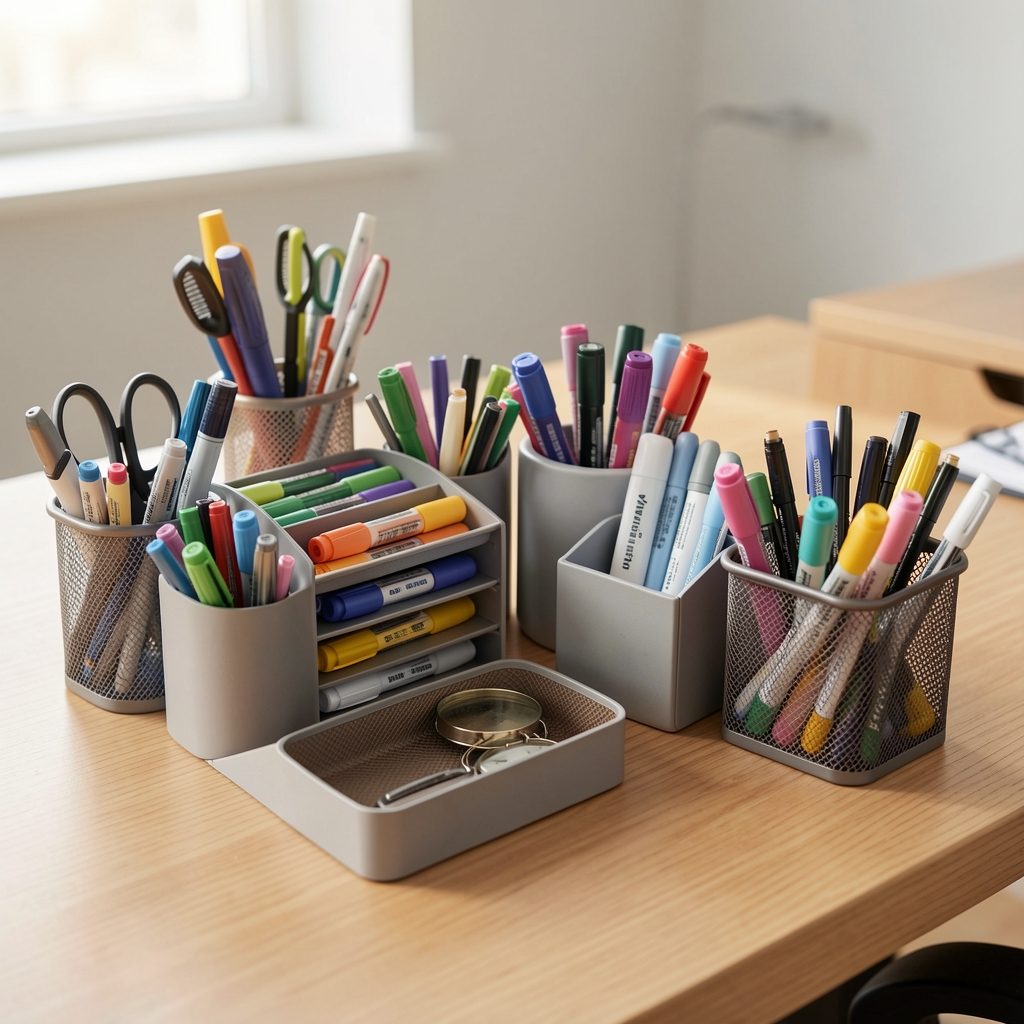 Mai multe organizatoare de birou pentru pixuri și accesorii fără persoane